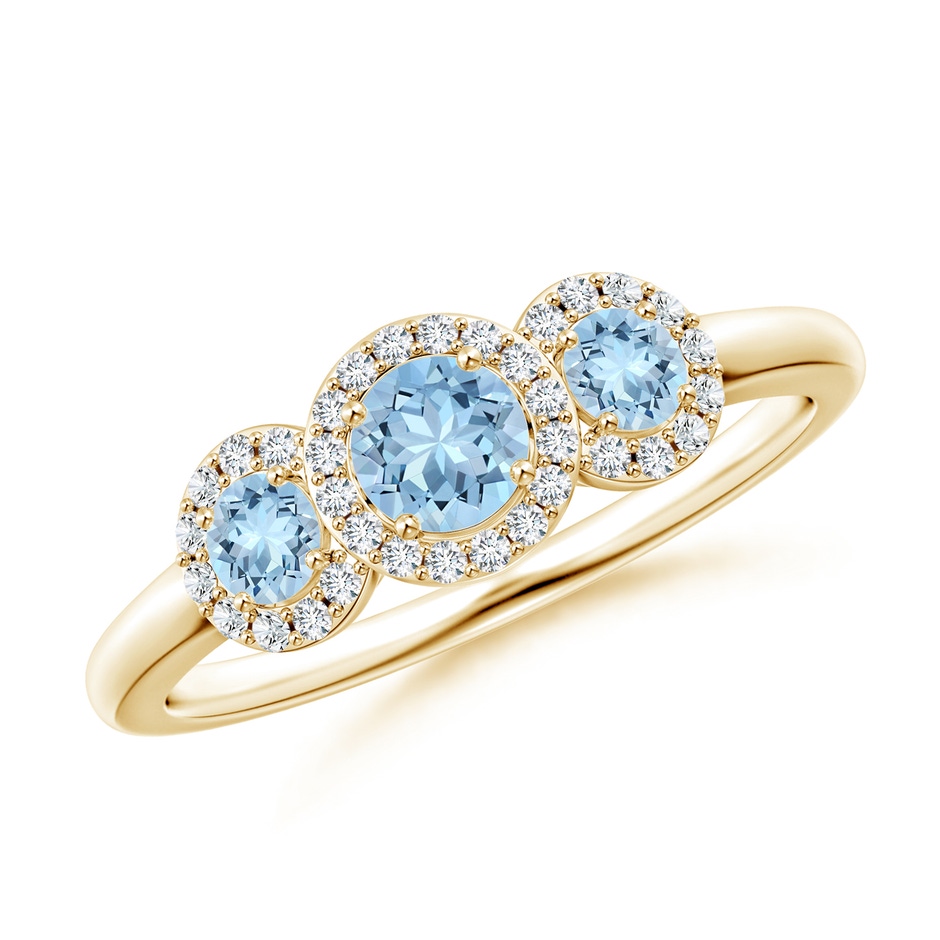 4mm AAA Round Aquamarine Three Stone Halo Ring with Diamonds in Yellow Gold 