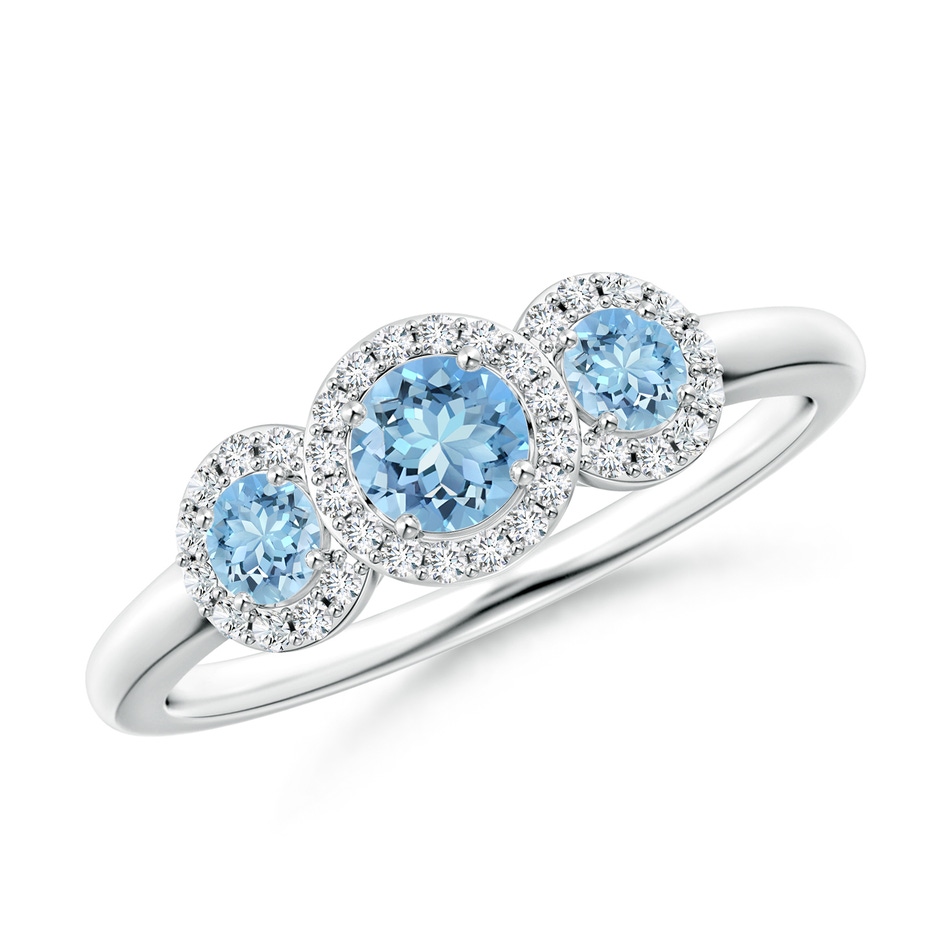 4mm AAAA Round Aquamarine Three Stone Halo Ring with Diamonds in 9K White Gold 