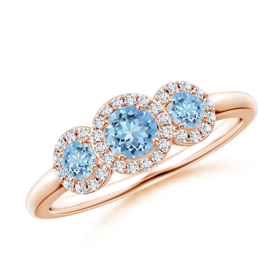 4mm AAAA Round Aquamarine Three Stone Halo Ring with Diamonds in Rose Gold 