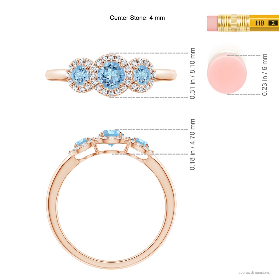 4mm AAAA Round Aquamarine Three Stone Halo Ring with Diamonds in Rose Gold ruler