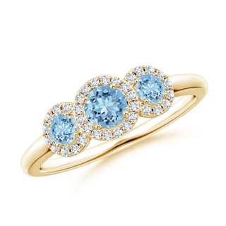 4mm AAAA Round Aquamarine Three Stone Halo Ring with Diamonds in Yellow Gold