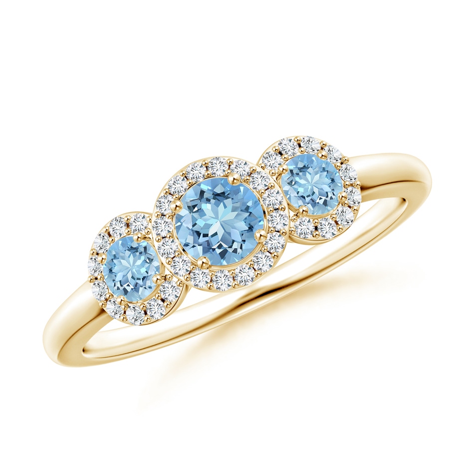 4mm AAAA Round Aquamarine Three Stone Halo Ring with Diamonds in Yellow Gold 