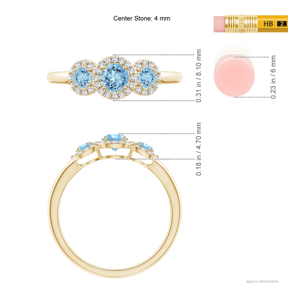 4mm AAAA Round Aquamarine Three Stone Halo Ring with Diamonds in Yellow Gold ruler