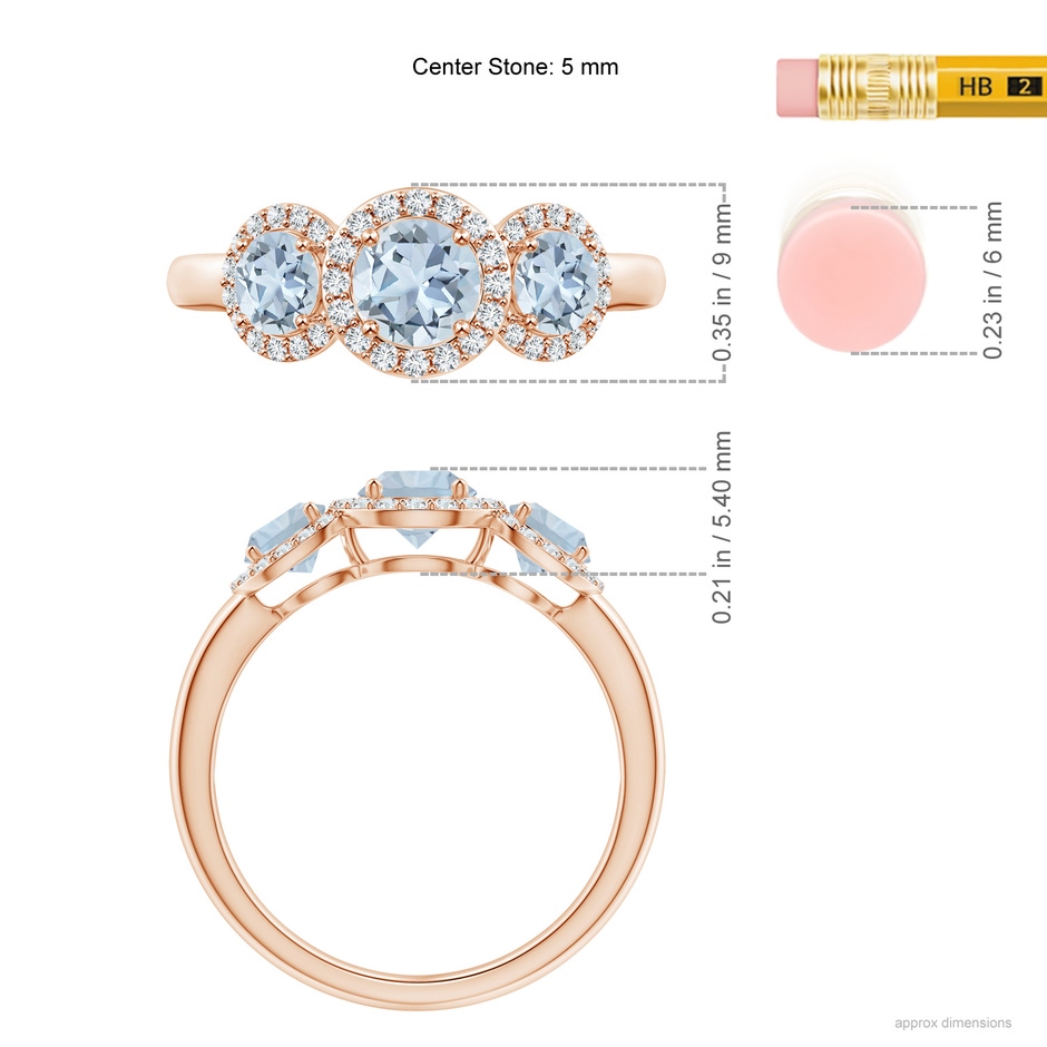 5mm A Round Aquamarine Three Stone Halo Ring with Diamonds in Rose Gold ruler