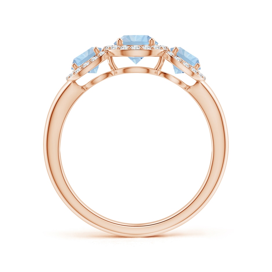 5mm AA Round Aquamarine Three Stone Halo Ring with Diamonds in Rose Gold side-1