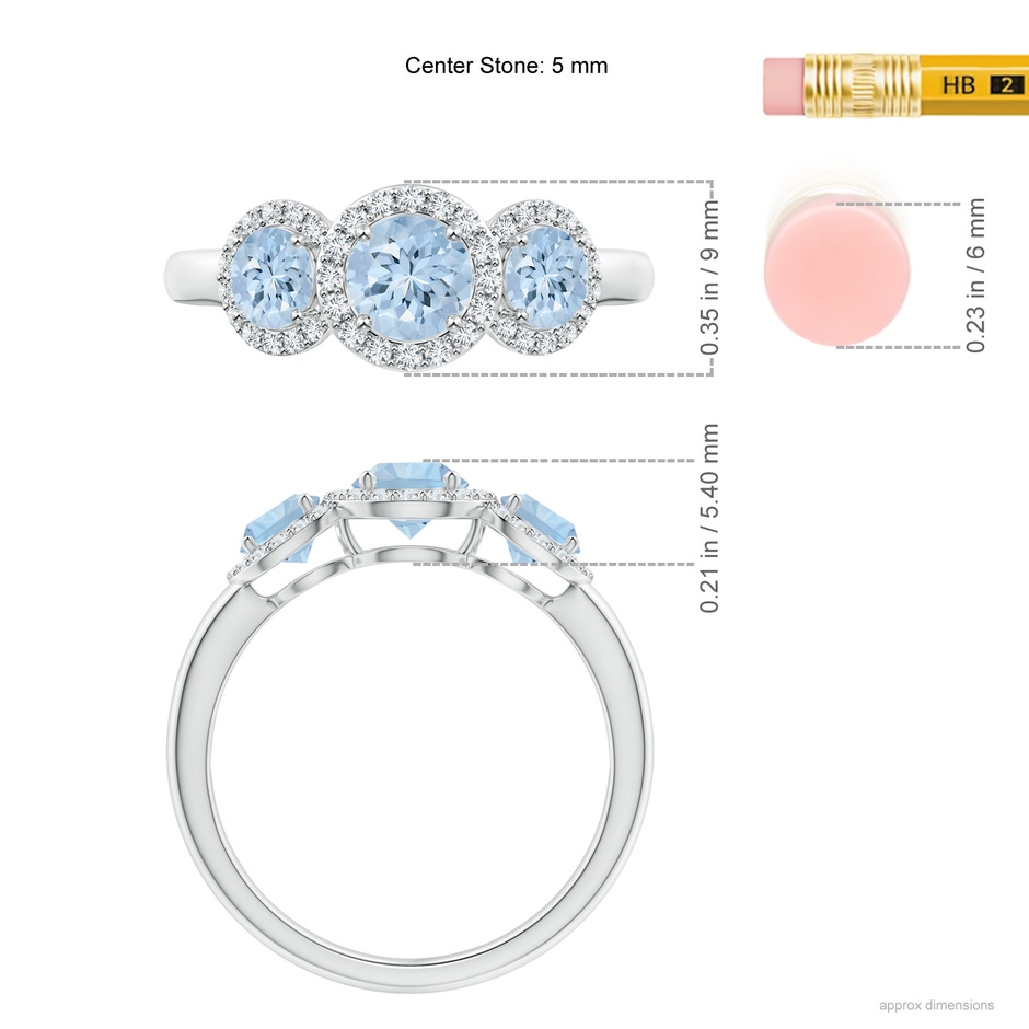 5mm AA Round Aquamarine Three Stone Halo Ring with Diamonds in White Gold ruler