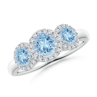 5mm AAA Round Aquamarine Three Stone Halo Ring with Diamonds in White Gold