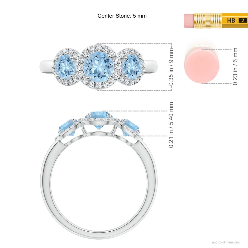 5mm AAA Round Aquamarine Three Stone Halo Ring with Diamonds in White Gold ruler