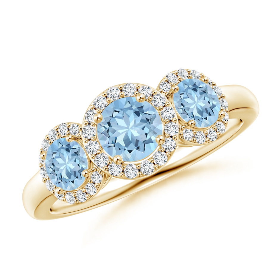 5mm AAA Round Aquamarine Three Stone Halo Ring with Diamonds in Yellow Gold 