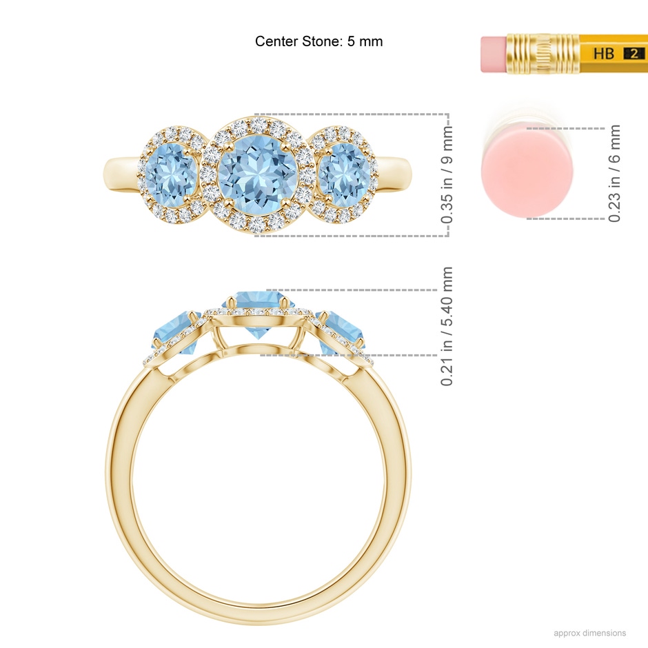 5mm AAA Round Aquamarine Three Stone Halo Ring with Diamonds in Yellow Gold ruler
