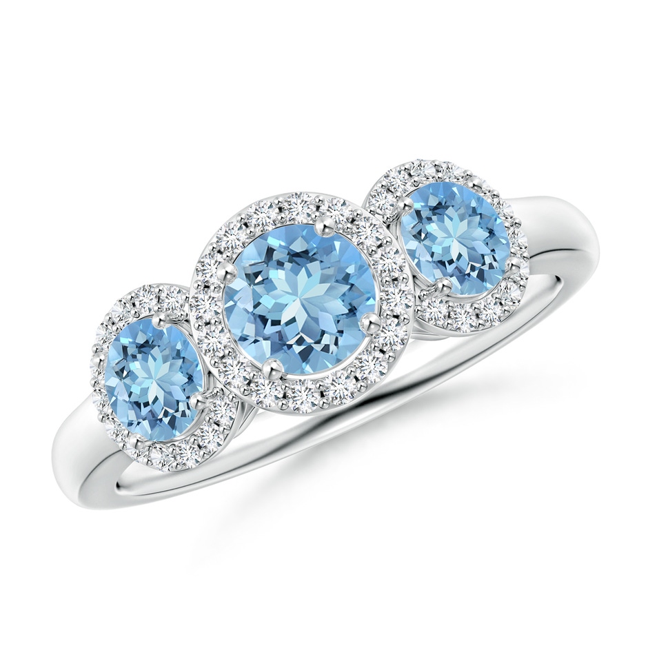 5mm AAAA Round Aquamarine Three Stone Halo Ring with Diamonds in P950 Platinum 