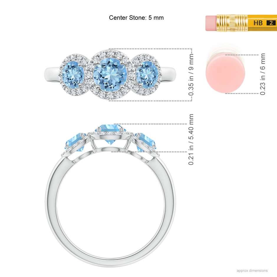 5mm AAAA Round Aquamarine Three Stone Halo Ring with Diamonds in P950 Platinum ruler