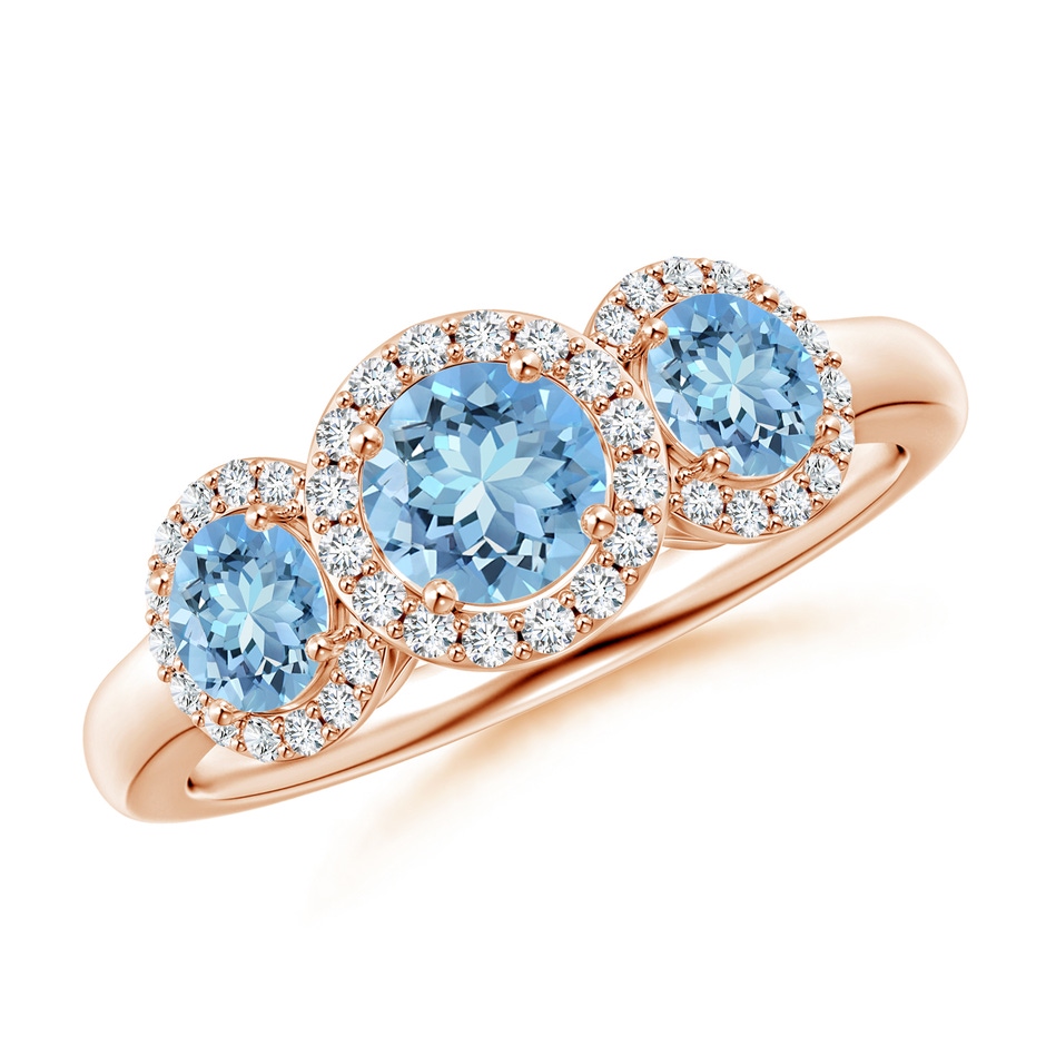 5mm AAAA Round Aquamarine Three Stone Halo Ring with Diamonds in Rose Gold 