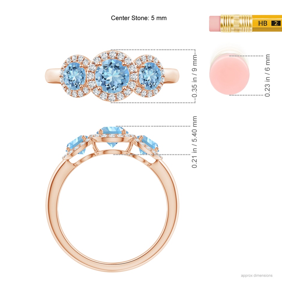 5mm AAAA Round Aquamarine Three Stone Halo Ring with Diamonds in Rose Gold ruler