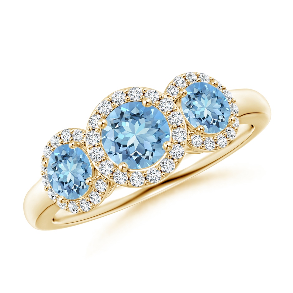 5mm AAAA Round Aquamarine Three Stone Halo Ring with Diamonds in Yellow Gold 