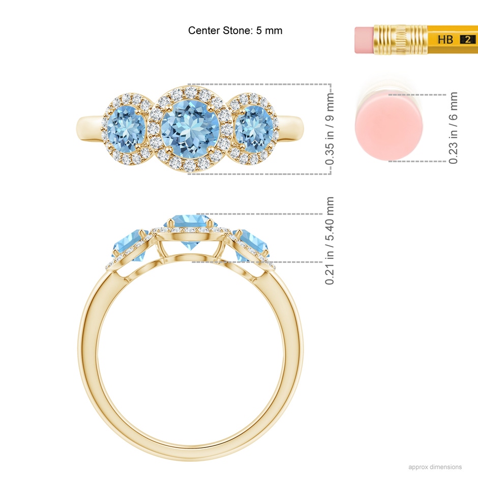 5mm AAAA Round Aquamarine Three Stone Halo Ring with Diamonds in Yellow Gold ruler
