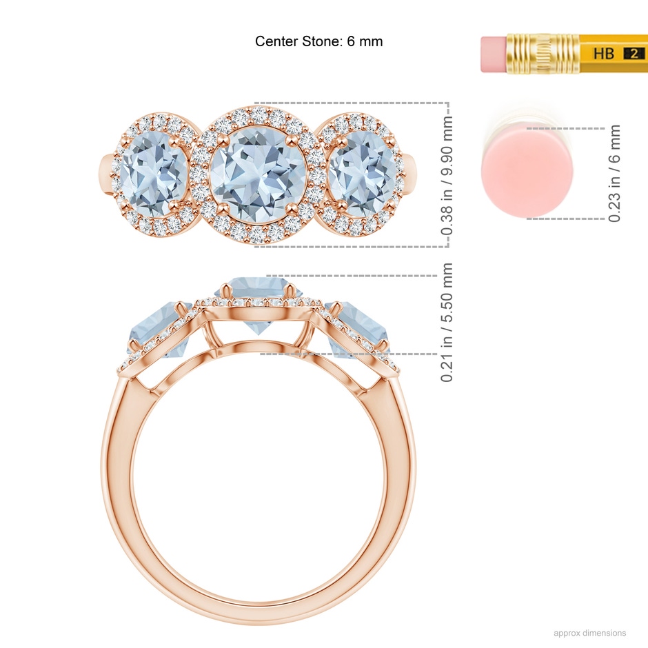 6mm A Round Aquamarine Three Stone Halo Ring with Diamonds in Rose Gold ruler