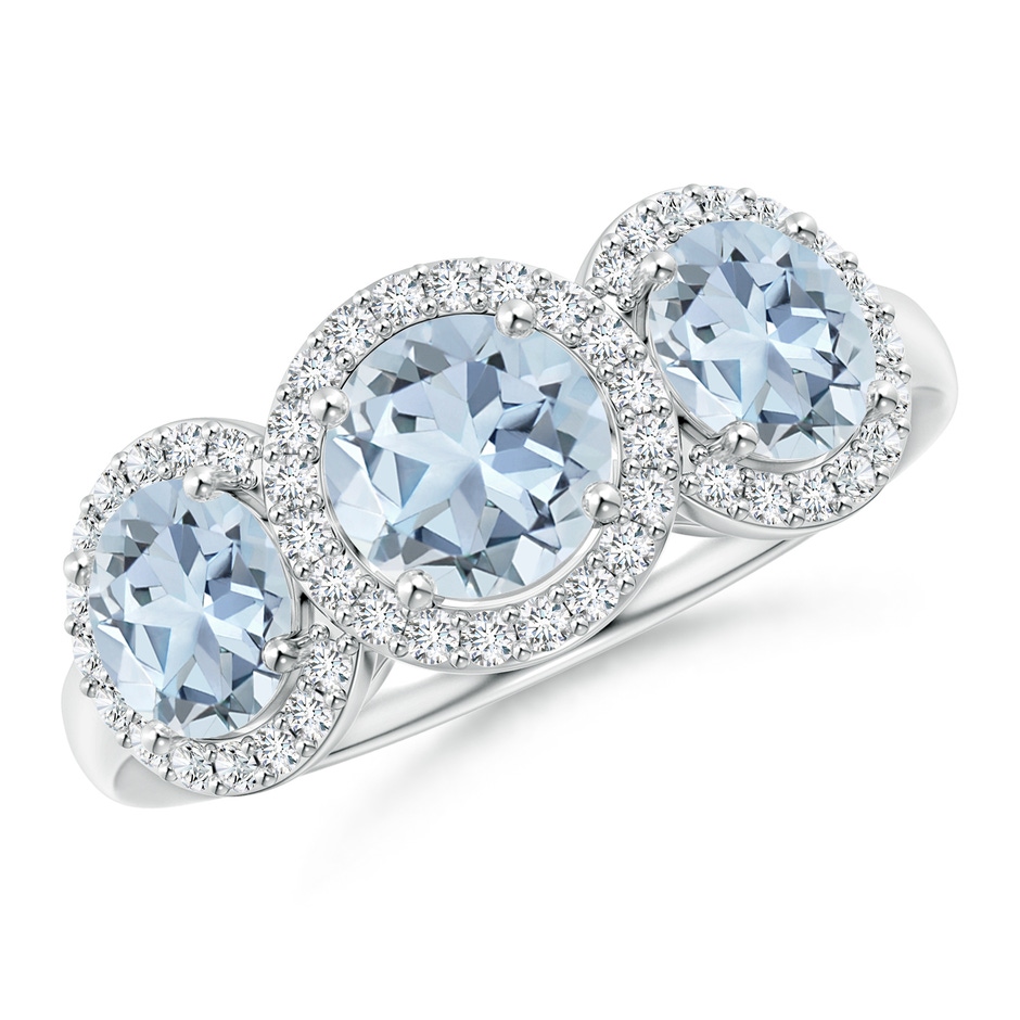 6mm A Round Aquamarine Three Stone Halo Ring with Diamonds in White Gold 