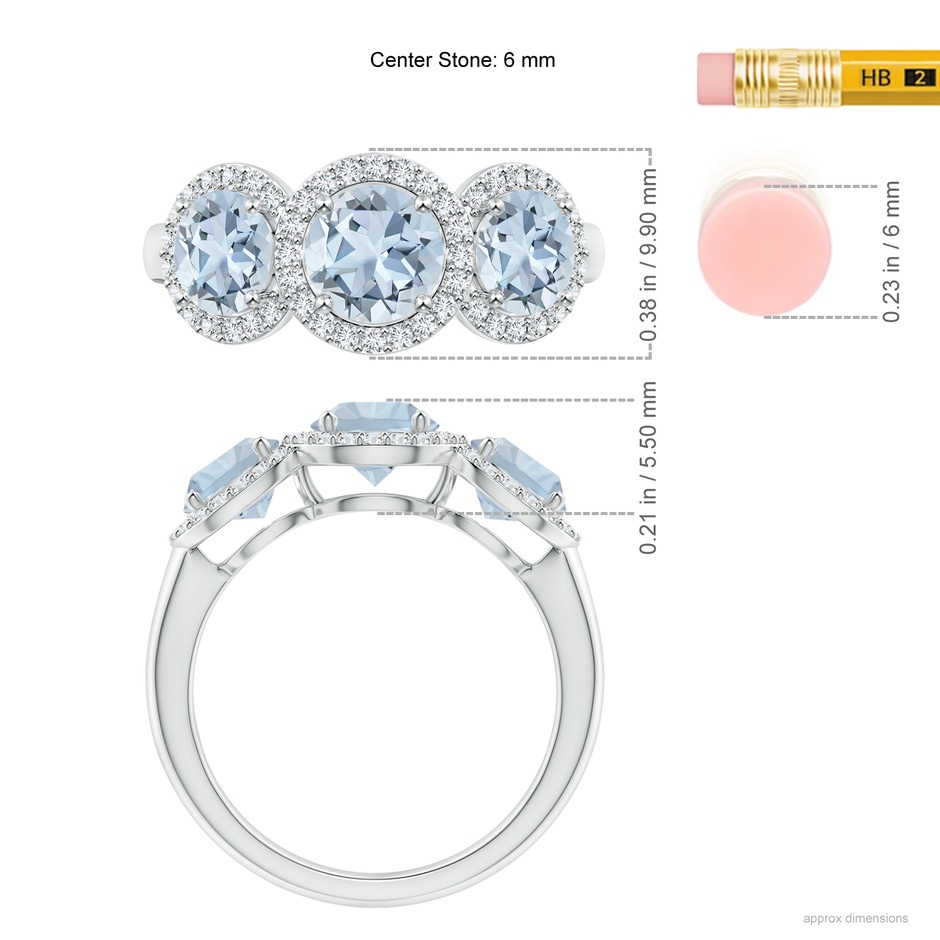 6mm A Round Aquamarine Three Stone Halo Ring with Diamonds in White Gold ruler