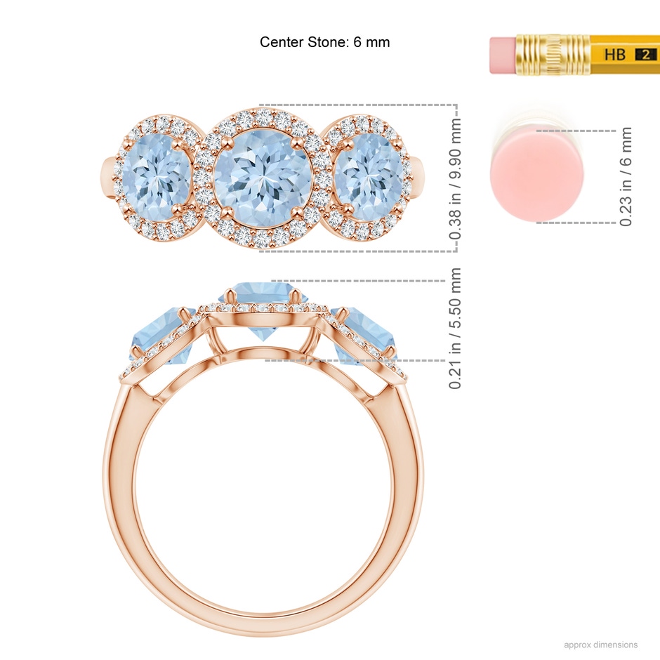 6mm AA Round Aquamarine Three Stone Halo Ring with Diamonds in Rose Gold ruler