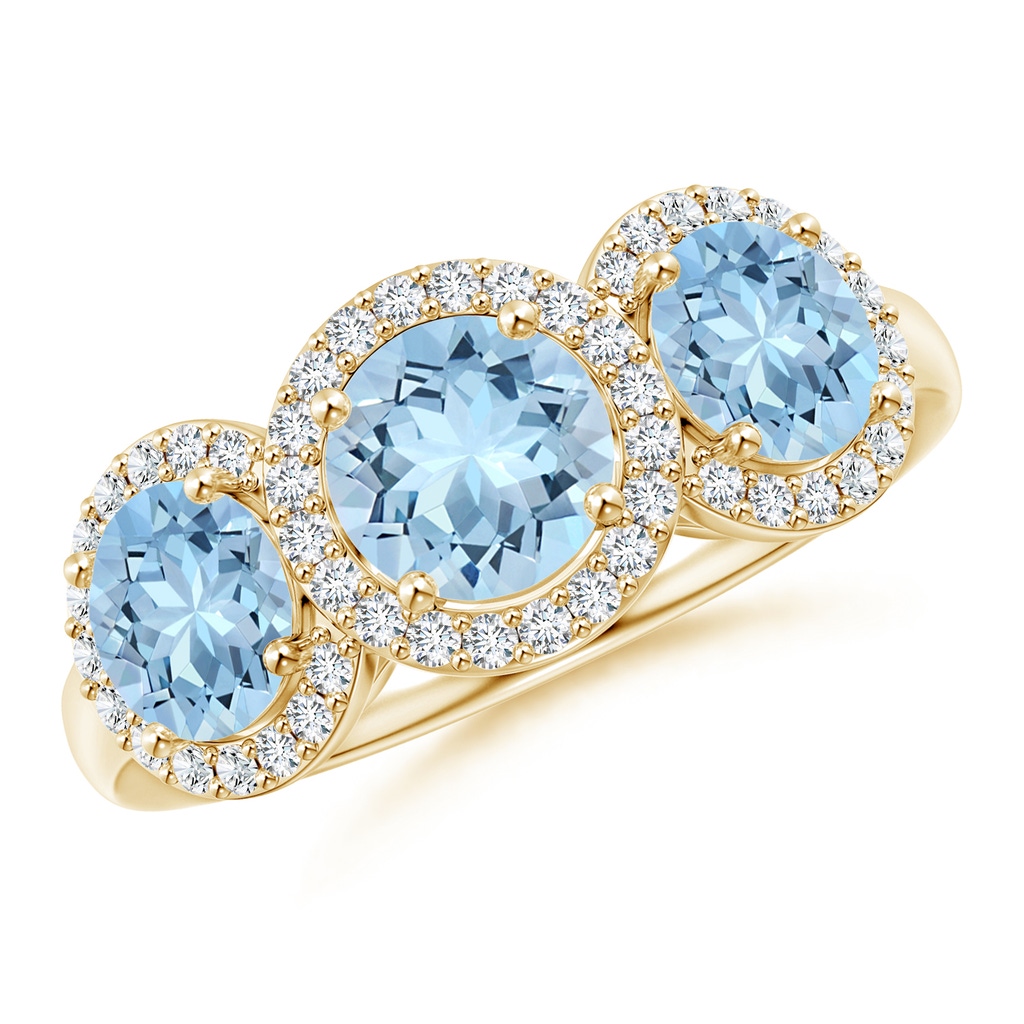 6mm AAA Round Aquamarine Three Stone Halo Ring with Diamonds in 10K Yellow Gold