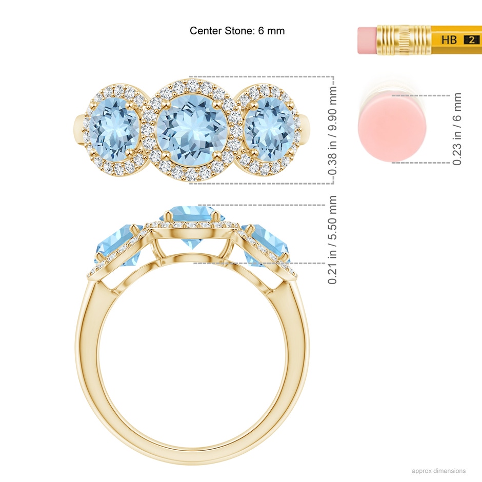 6mm AAA Round Aquamarine Three Stone Halo Ring with Diamonds in 10K Yellow Gold ruler