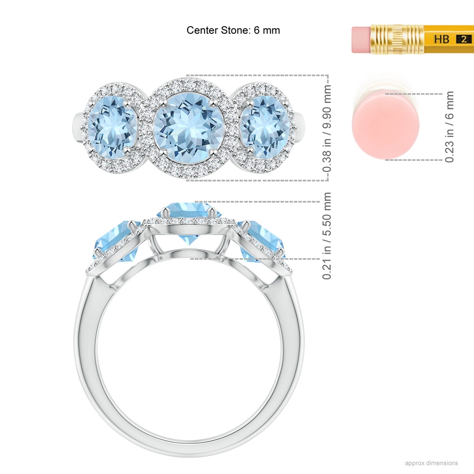6mm AAA Round Aquamarine Three Stone Halo Ring with Diamonds in White Gold ruler