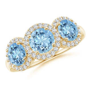 6mm AAAA Round Aquamarine Three Stone Halo Ring with Diamonds in 9K Yellow Gold