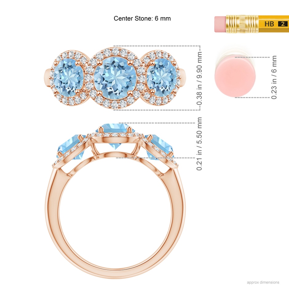 6mm AAAA Round Aquamarine Three Stone Halo Ring with Diamonds in Rose Gold ruler