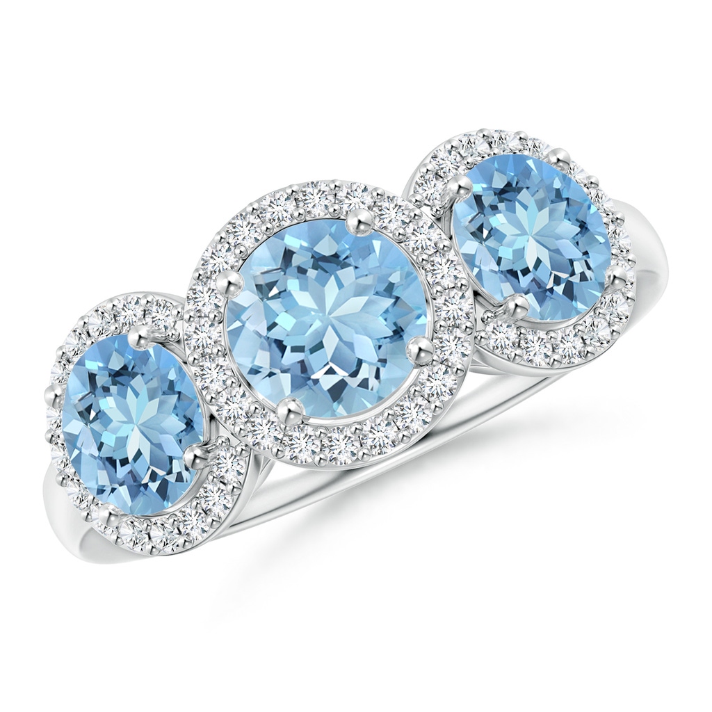 6mm AAAA Round Aquamarine Three Stone Halo Ring with Diamonds in White Gold