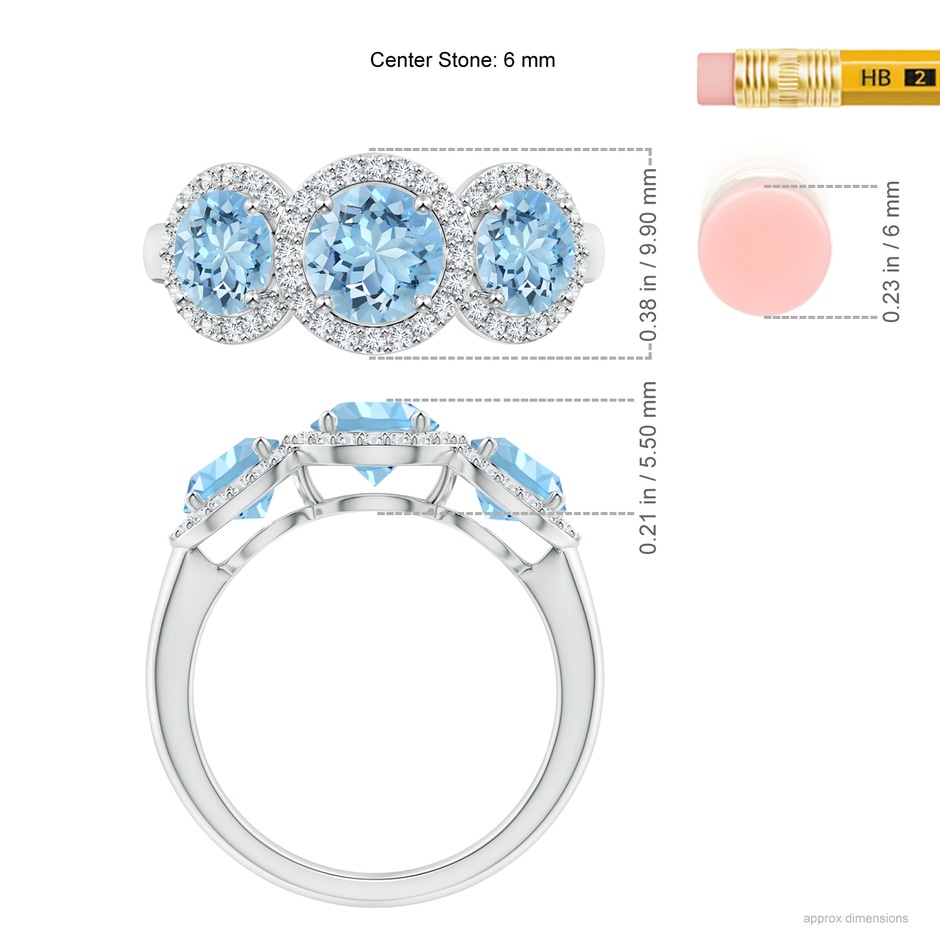 6mm AAAA Round Aquamarine Three Stone Halo Ring with Diamonds in White Gold ruler