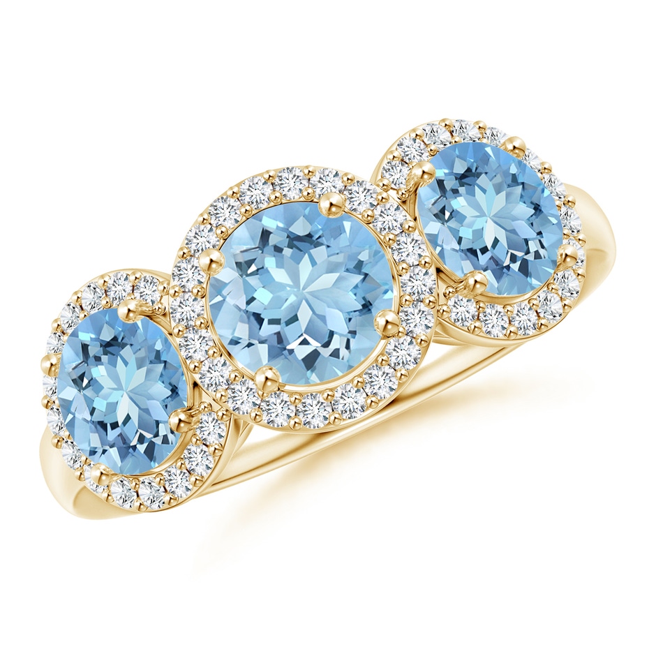 6mm AAAA Round Aquamarine Three Stone Halo Ring with Diamonds in Yellow Gold 