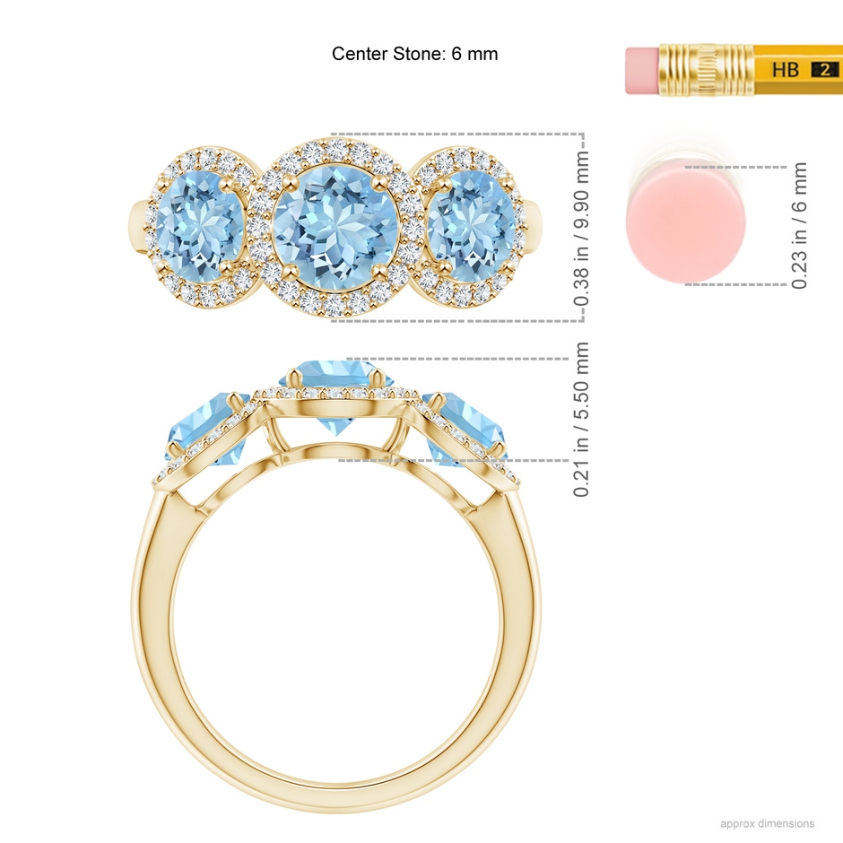 6mm AAAA Round Aquamarine Three Stone Halo Ring with Diamonds in Yellow Gold ruler