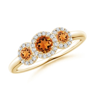 4mm AAAA Round Citrine Three Stone Halo Ring with Diamonds in Yellow Gold