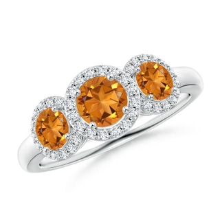 5mm AAA Round Citrine Three Stone Halo Ring with Diamonds in White Gold