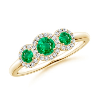 4mm AAA Round Emerald Three Stone Halo Ring with Diamonds in Yellow Gold