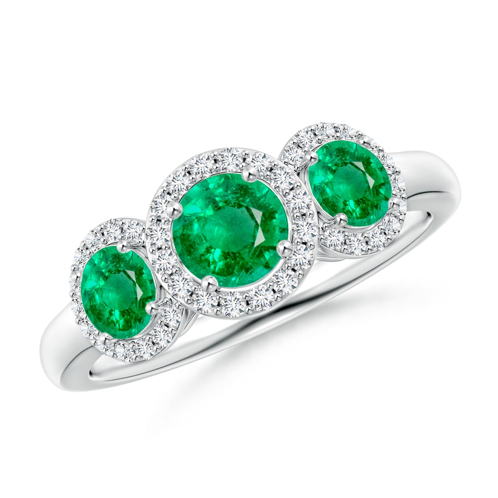 5mm AAA Round Emerald Three Stone Halo Ring with Diamonds in White Gold