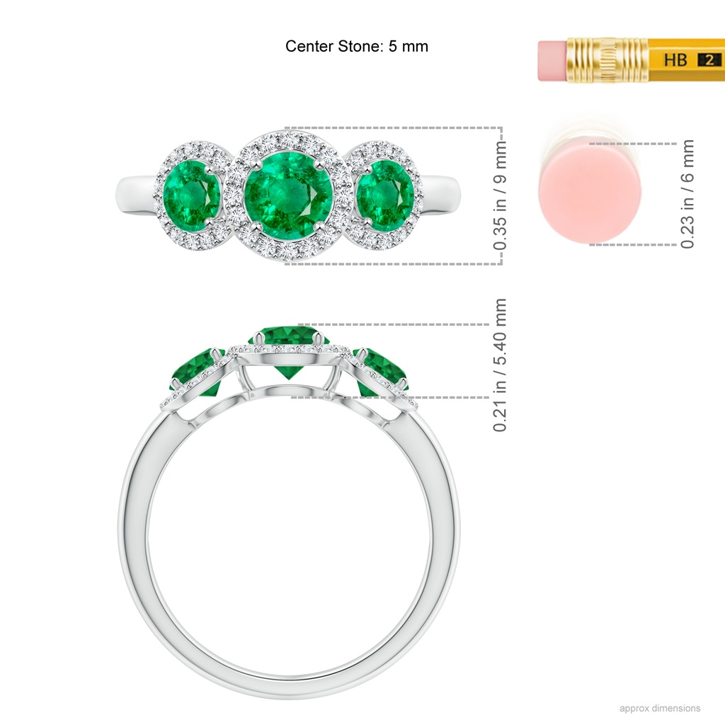 5mm AAA Round Emerald Three Stone Halo Ring with Diamonds in White Gold Ruler