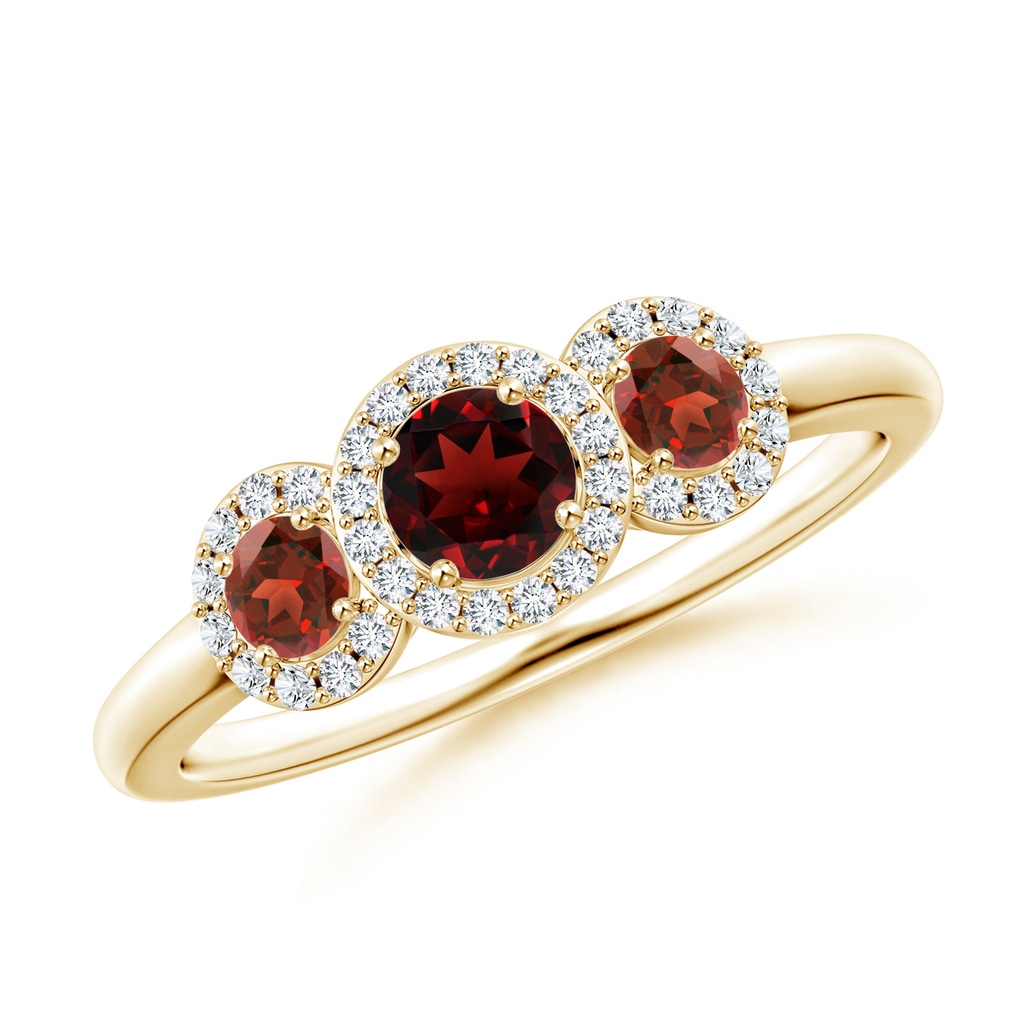 4mm AAA Round Garnet Three Stone Halo Ring with Diamonds in Yellow Gold