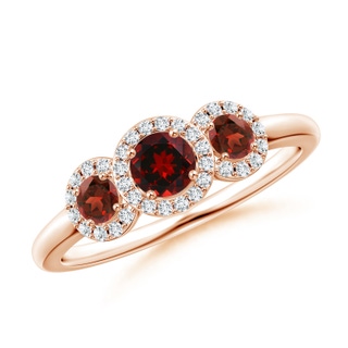 4mm AAAA Round Garnet Three Stone Halo Ring with Diamonds in Rose Gold