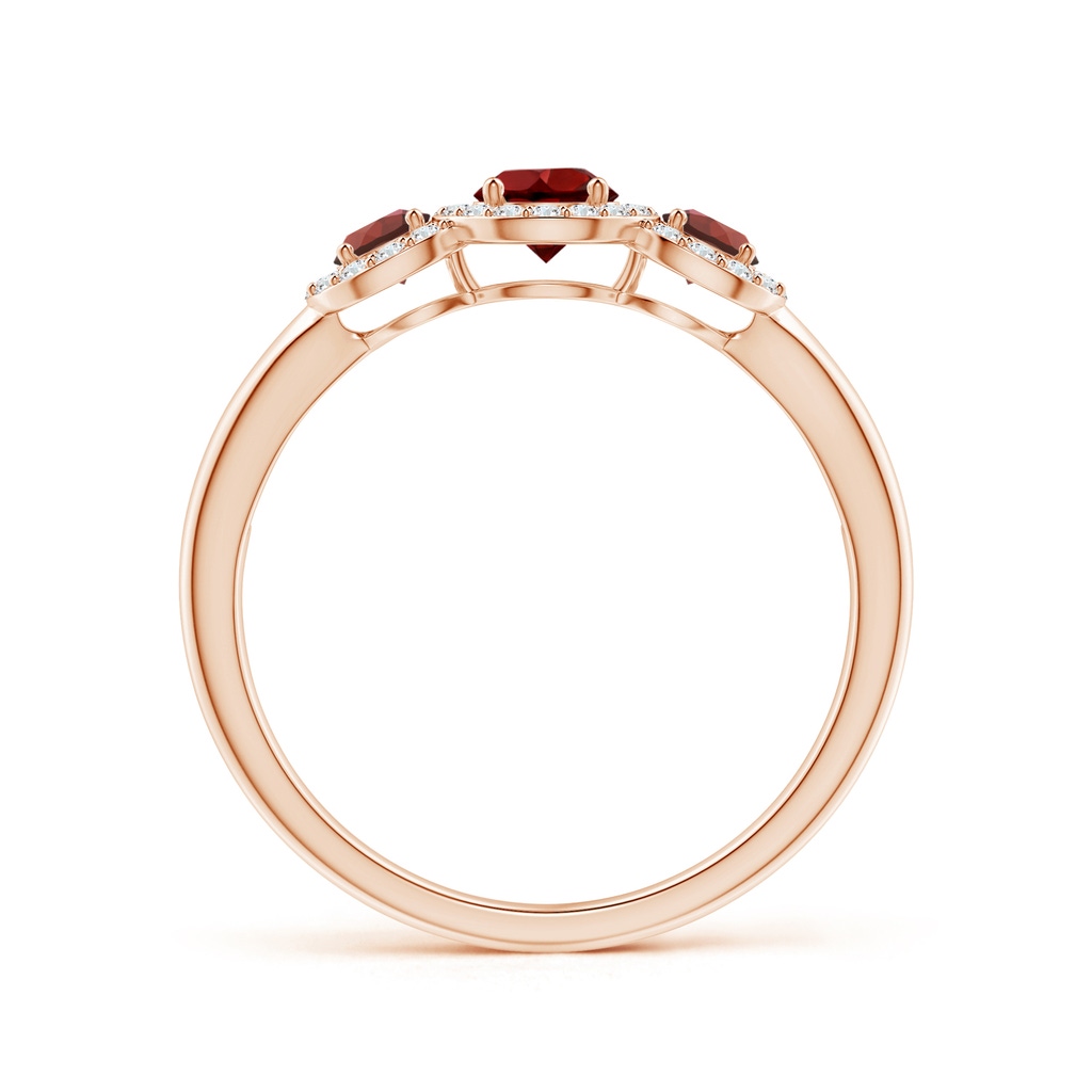 4mm AAAA Round Garnet Three Stone Halo Ring with Diamonds in Rose Gold Side-1