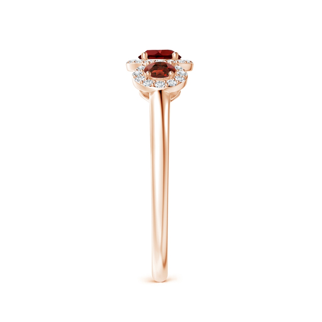 4mm AAAA Round Garnet Three Stone Halo Ring with Diamonds in Rose Gold Side-2