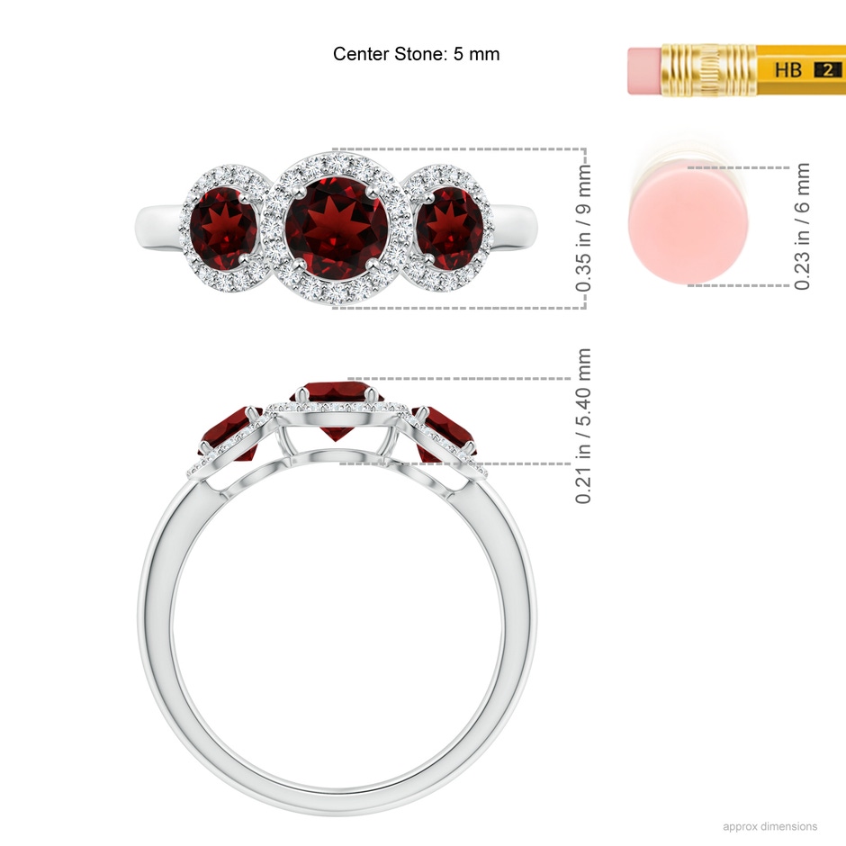 5mm AAA Round Garnet Three Stone Halo Ring with Diamonds in White Gold ruler