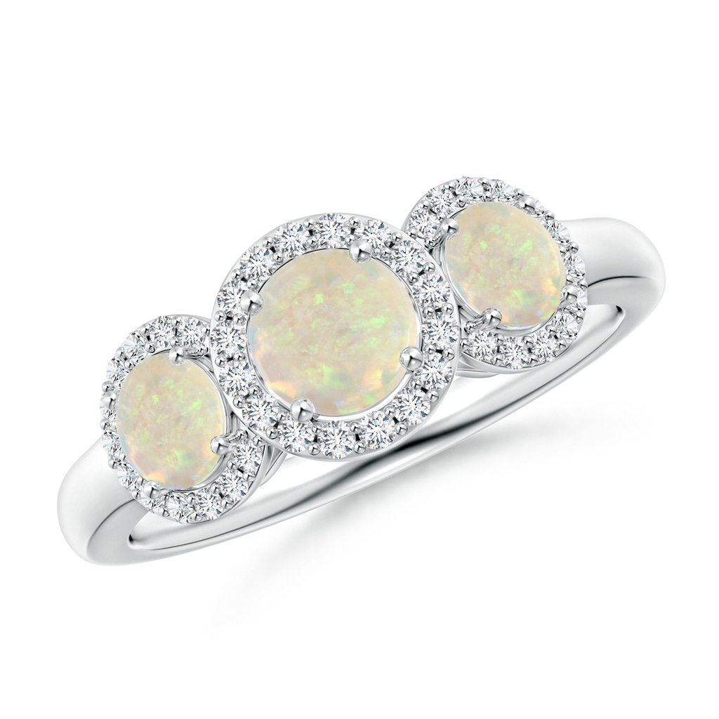 5mm AAA Round Opal Three Stone Halo Ring with Diamonds in White Gold