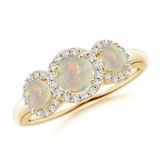 5mm AAAA Round Opal Three Stone Halo Ring with Diamonds in Yellow Gold