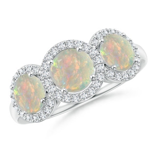 6mm AAAA Round Opal Three Stone Halo Ring with Diamonds in P950 Platinum