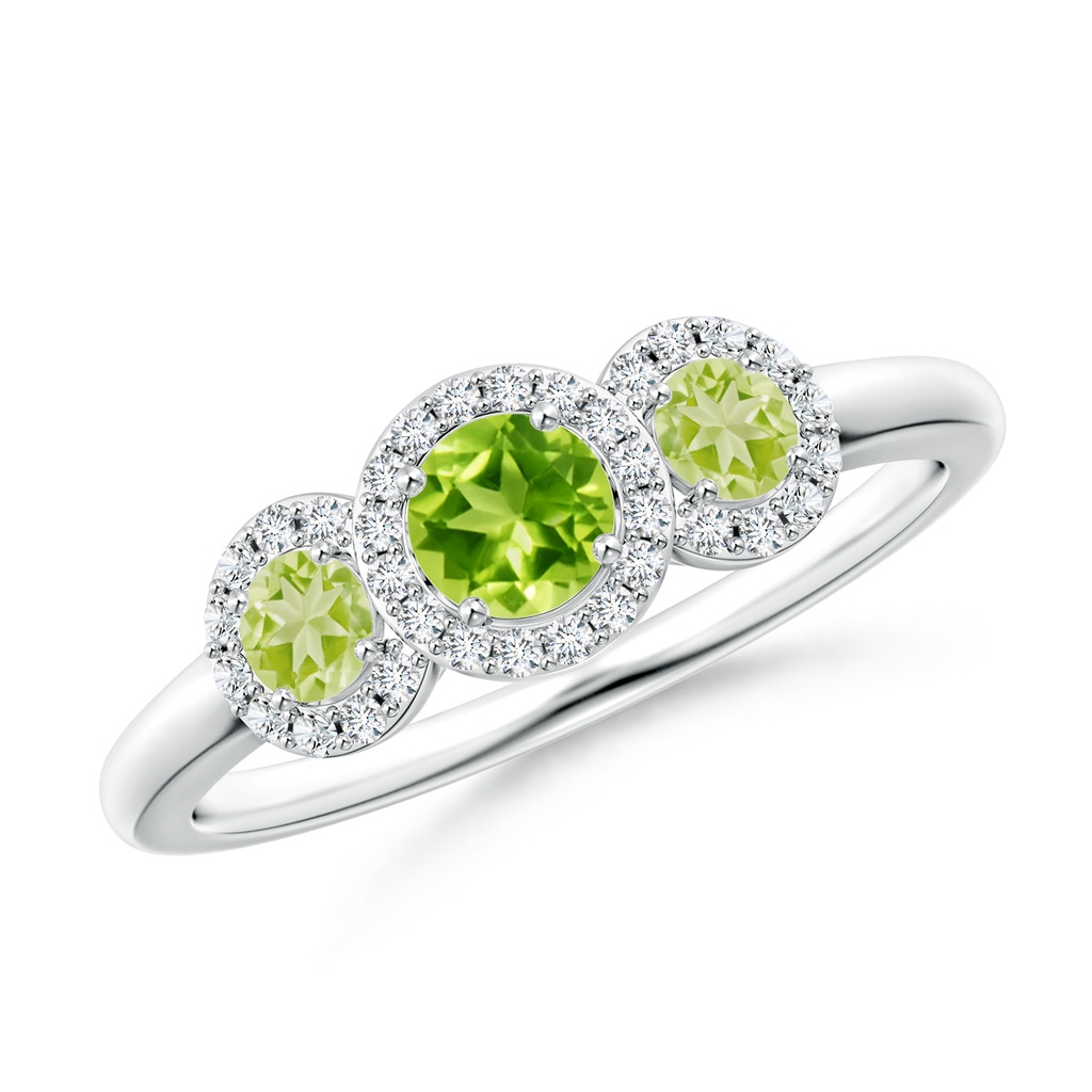 4mm AAA Round Peridot Three Stone Halo Ring with Diamonds in White Gold