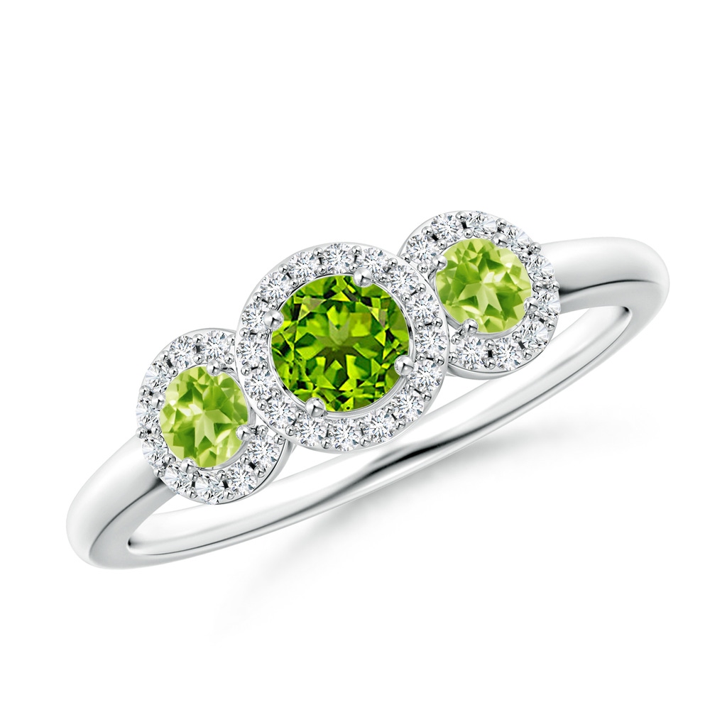 4mm AAAA Round Peridot Three Stone Halo Ring with Diamonds in P950 Platinum