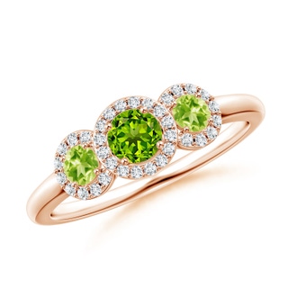 4mm AAAA Round Peridot Three Stone Halo Ring with Diamonds in Rose Gold