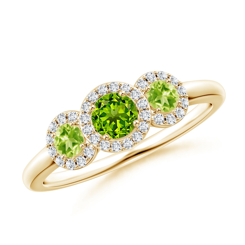 4mm AAAA Round Peridot Three Stone Halo Ring with Diamonds in Yellow Gold